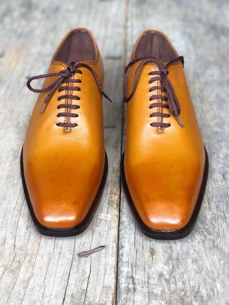 Handmade Men's Tan Leather Lace Up Derby Shoes