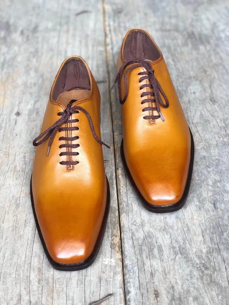 Handmade Men's Tan Leather Lace Up Derby Shoes