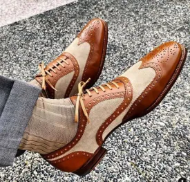 Handmade Men's Wing Tip Brogue Tan and white Leather Suede Shoes