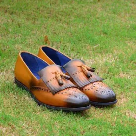 Handmade tassel Loafer with a fringe for men's, Men's loafer in tan brown color