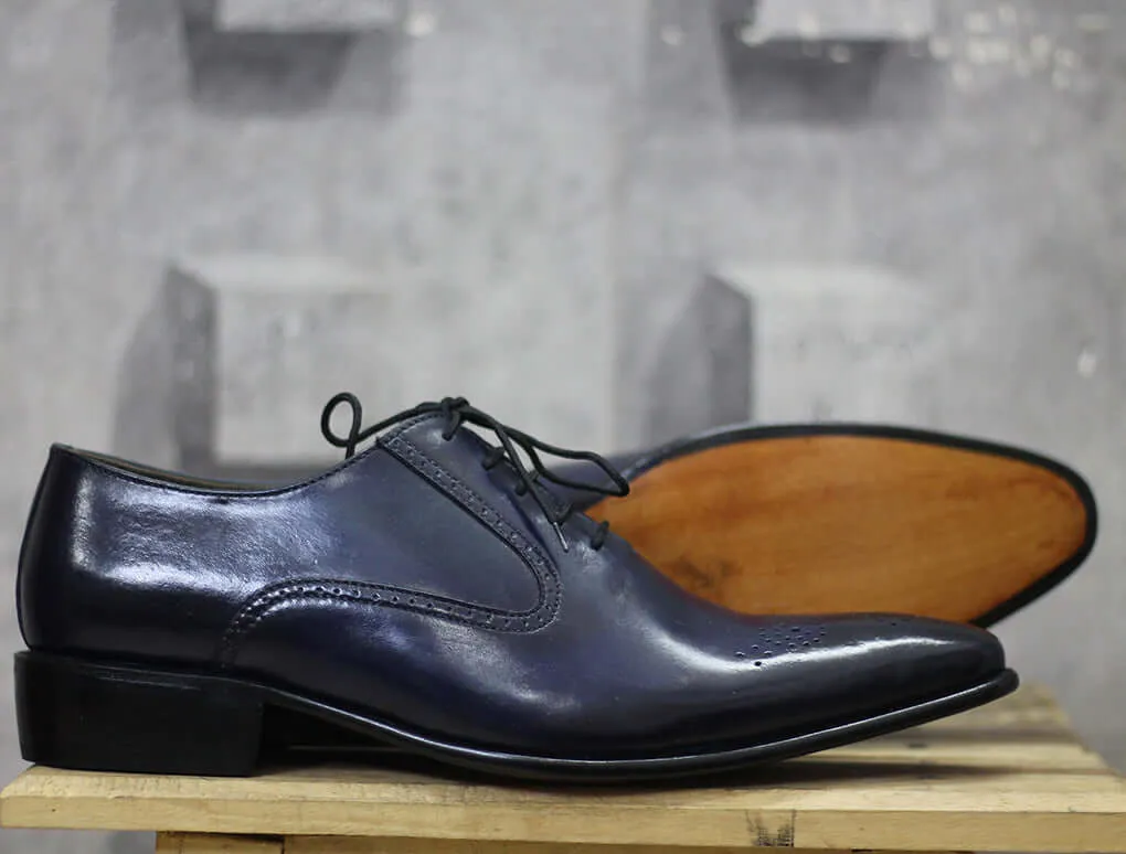 Handmade Whole Cut oxford Navy Blue pointed Toe Shoes