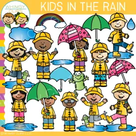 Kids Playing in the Rain Clip Art