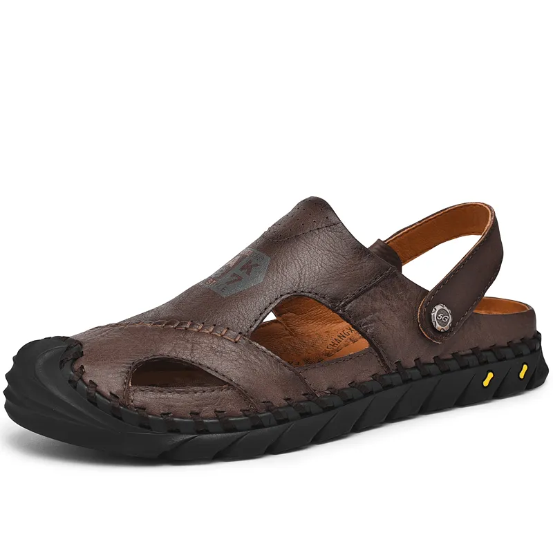 Mens Outdoor Water Sandals with Anti-Collision Toe, Hand-Stitched Cow Leather