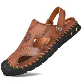 Mens Outdoor Water Sandals with Anti-Collision Toe, Hand-Stitched Cow Leather