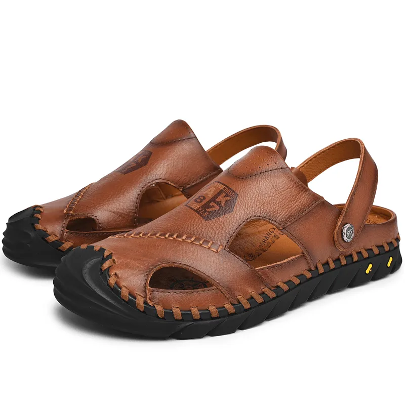 Mens Outdoor Water Sandals with Anti-Collision Toe, Hand-Stitched Cow Leather