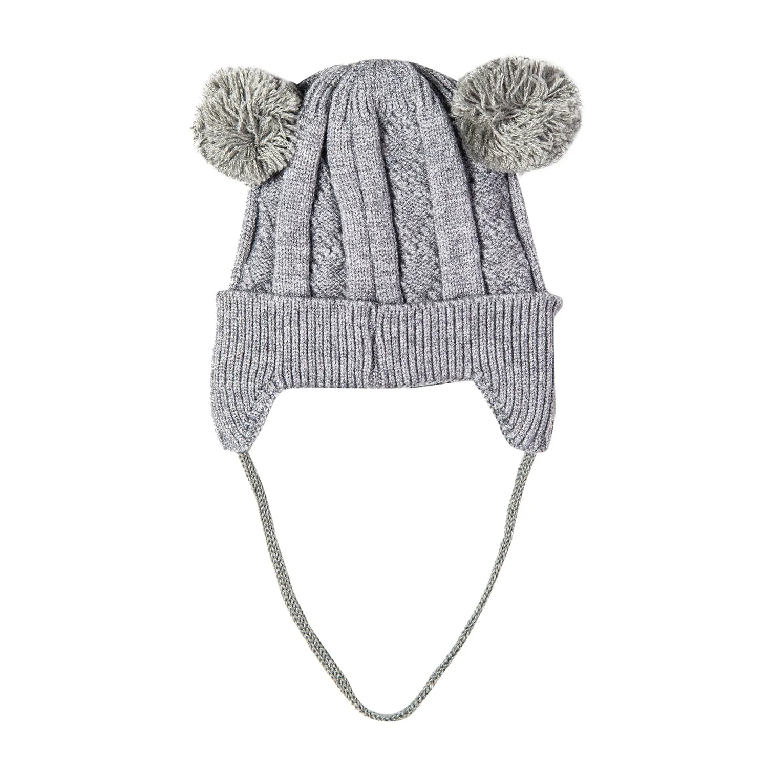 Knit Woollen Cap With Tie For Ear Cover Starry Pom Pom Grey