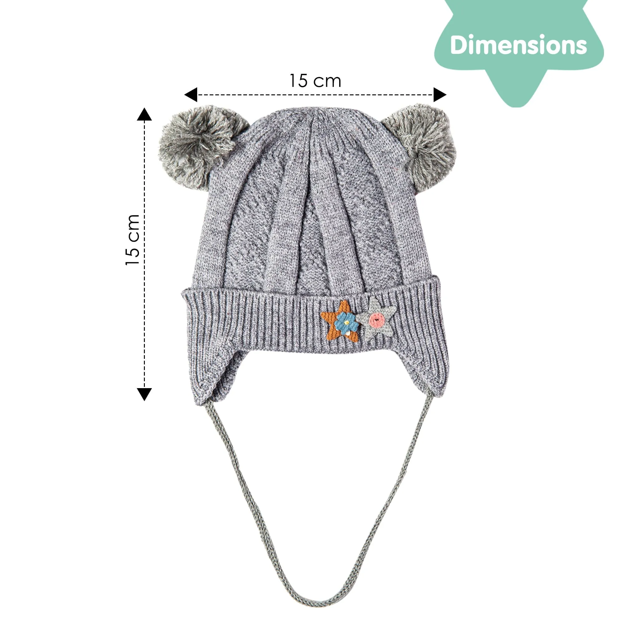 Knit Woollen Cap With Tie For Ear Cover Starry Pom Pom Grey