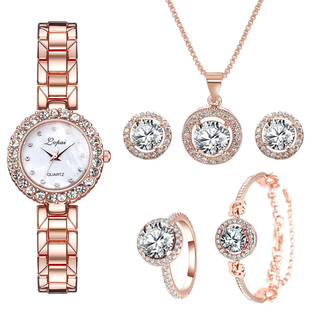 Lvpai Brand 6PCS Watch Set Women Luxury Fashion Ladies Rose Gold Quartz Wristwatches Women Famous Brand Crystal Dress Watches