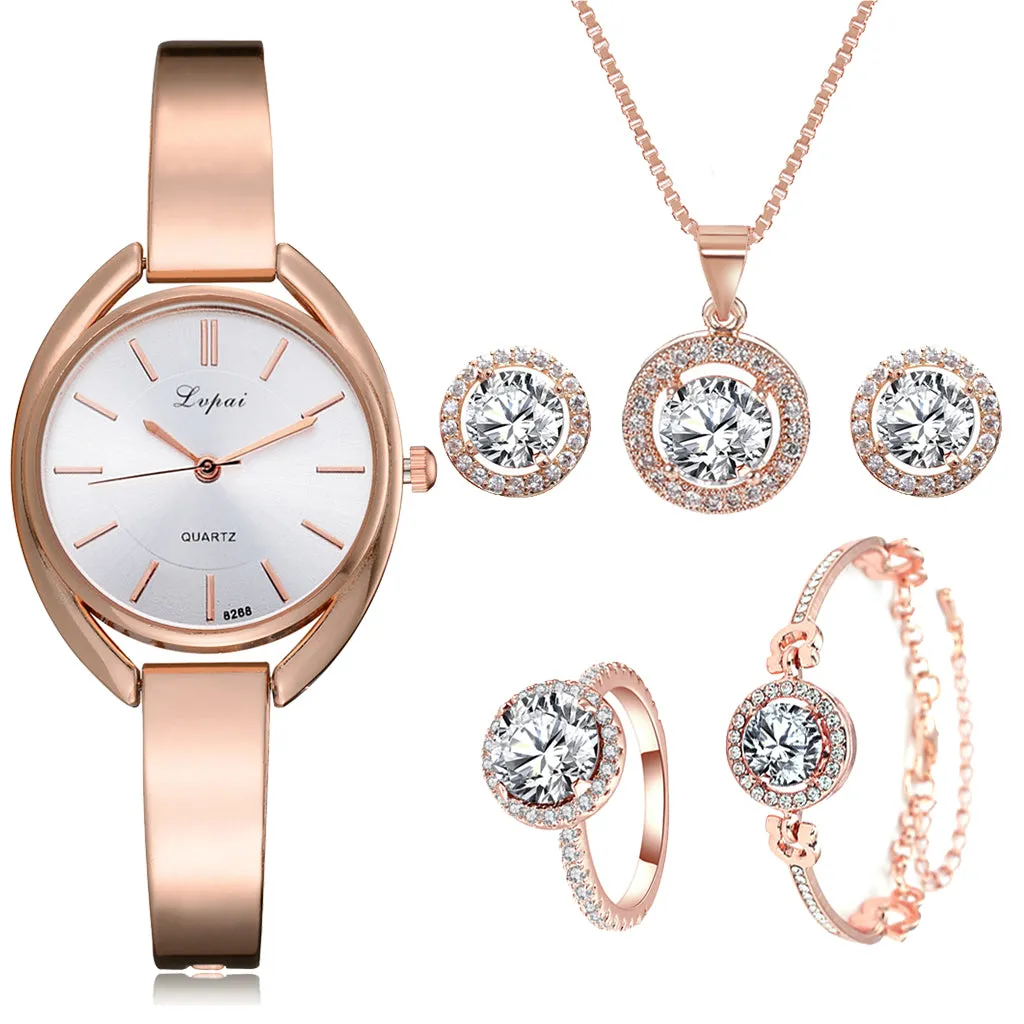 Lvpai Brand 6PCS Watch Set Women Luxury Fashion Ladies Rose Gold Quartz Wristwatches Women Famous Brand Crystal Dress Watches