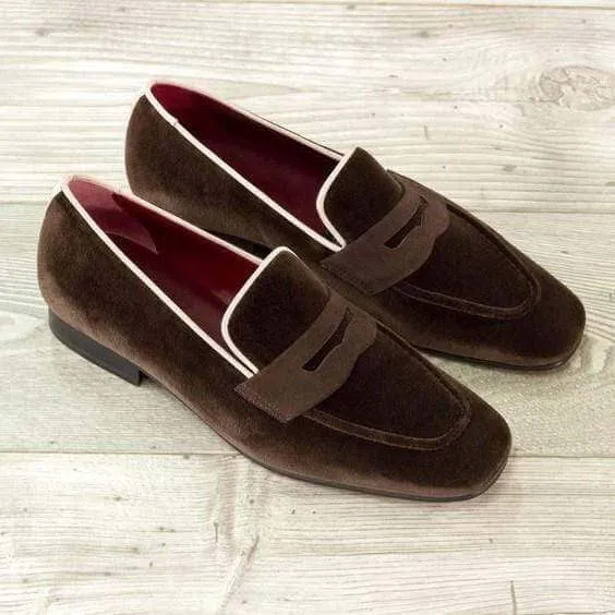 Men's Dark Brown Velvet Penny Loafers Shoes