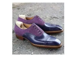 Men's Leather Suede Purple Navy Blue Cap Toe Shoes