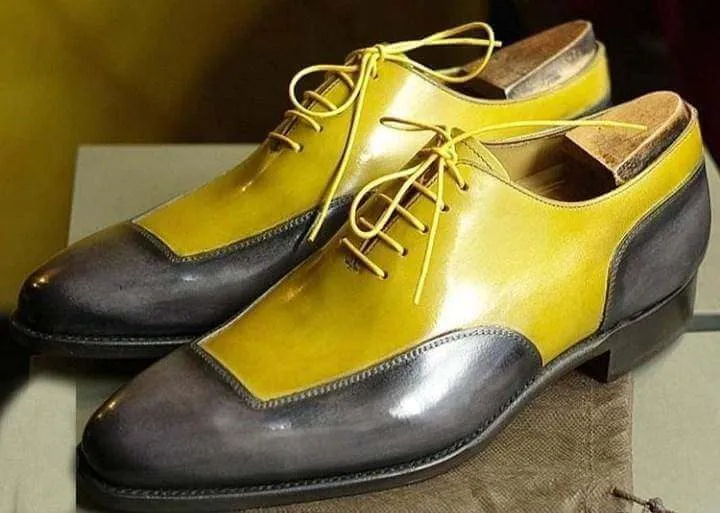 Men's Leather Yellow Gray Square Toe Lace Up Shoes