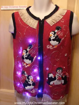 Tacky Ugly Christmas Sweater Vest Athletic Skiing Penguins with Lights and Fringe (g80)