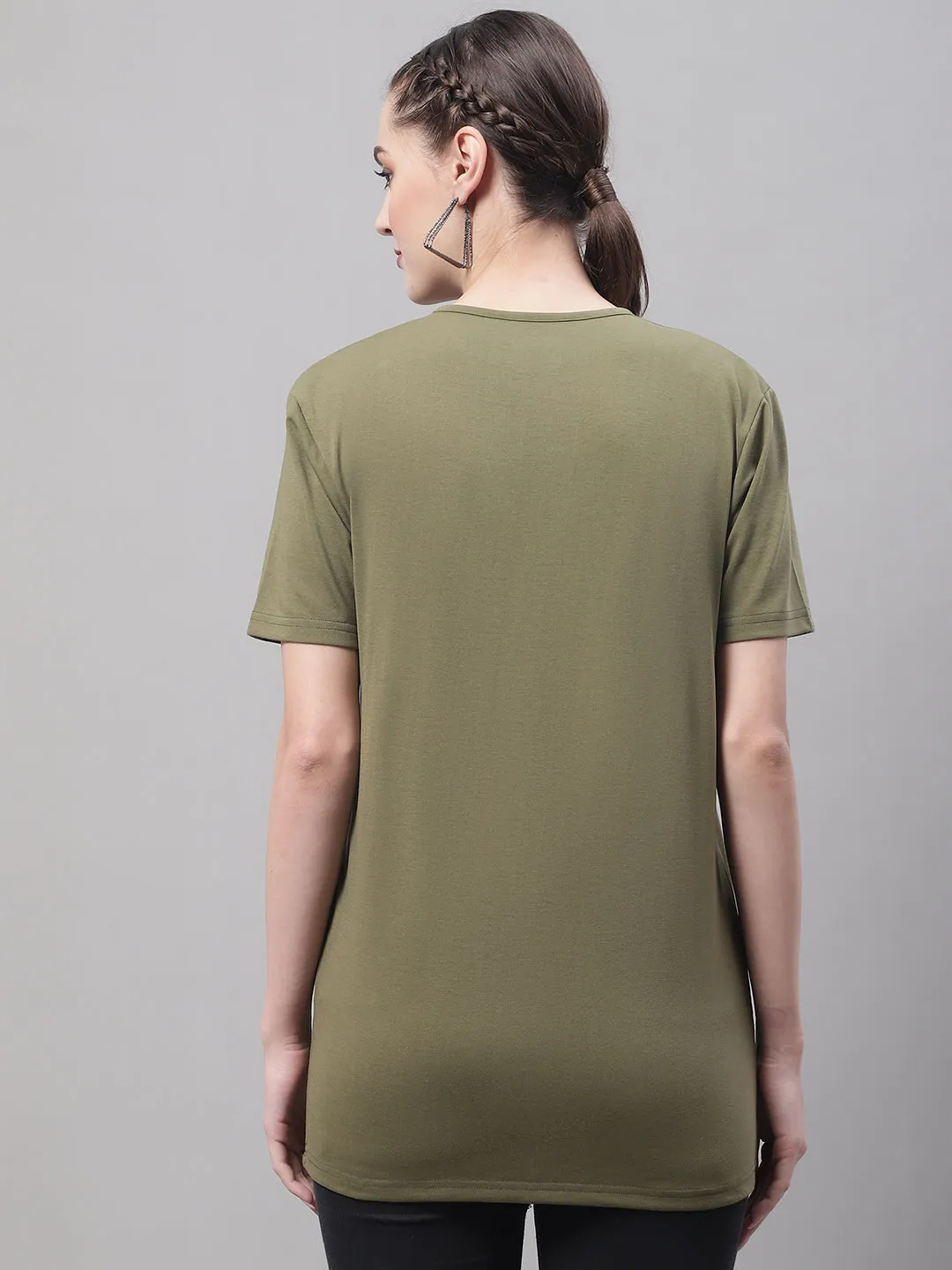 Vimal Jonney V Neck Cotton Solid Olive T-Shirt for Women