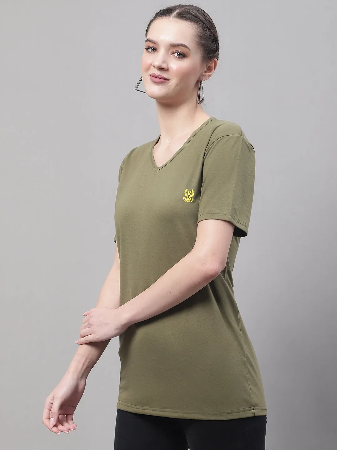 Vimal Jonney V Neck Cotton Solid Olive T-Shirt for Women