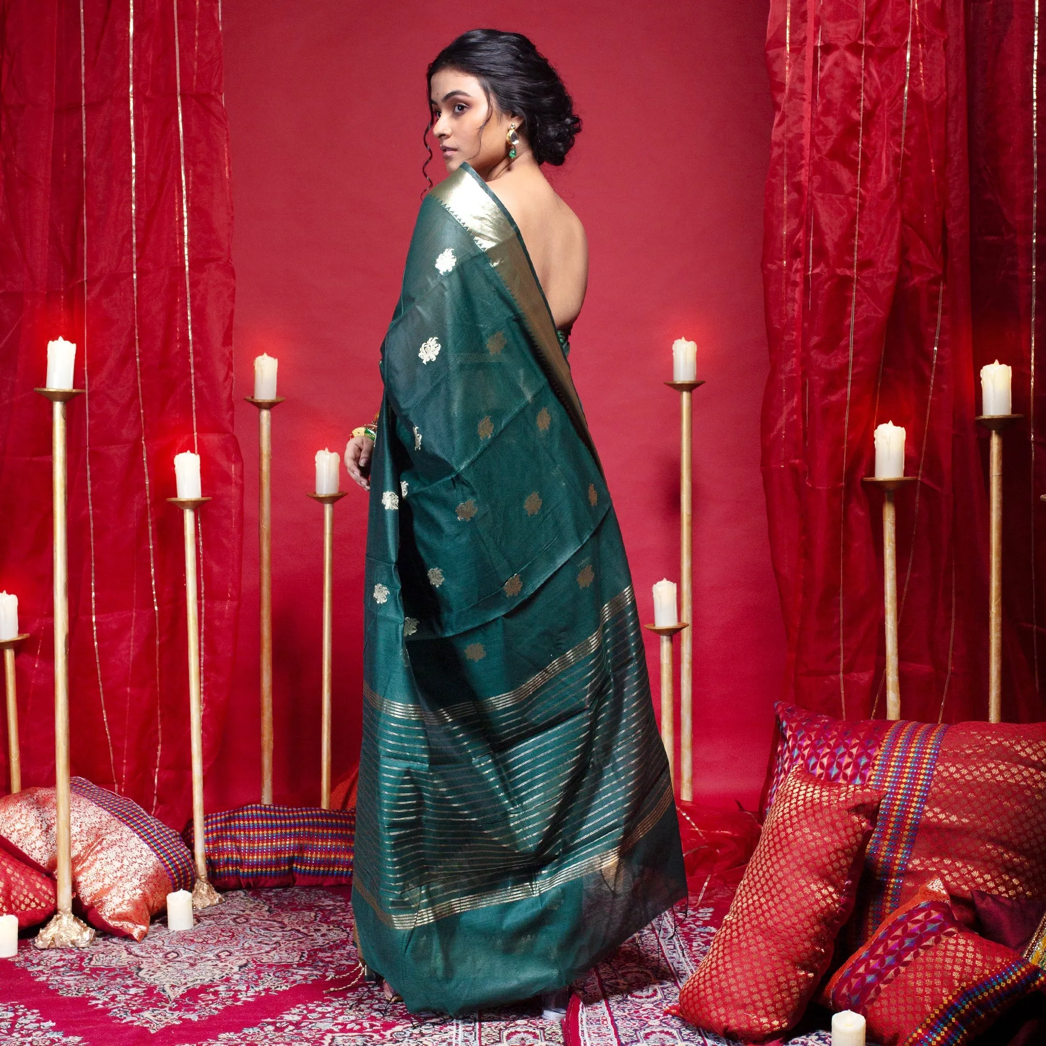 Women Banarasi Chanderi Silk Saree In Green Color With Blossom Zari Motifs And Border