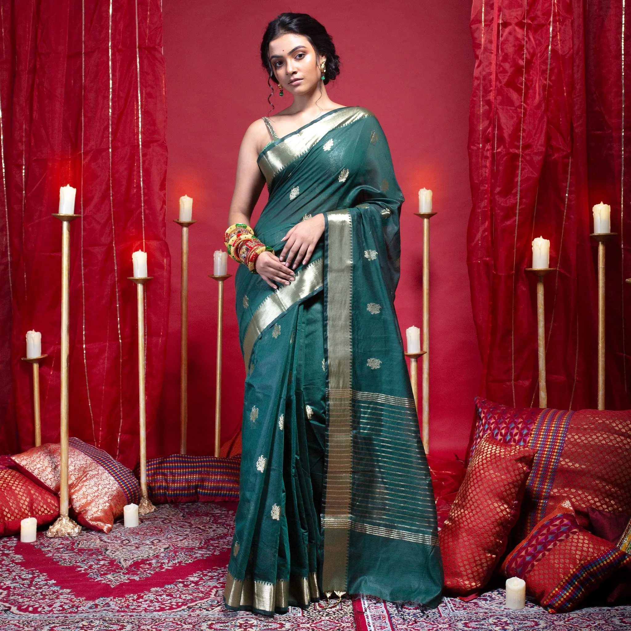 Women Banarasi Chanderi Silk Saree In Green Color With Blossom Zari Motifs And Border