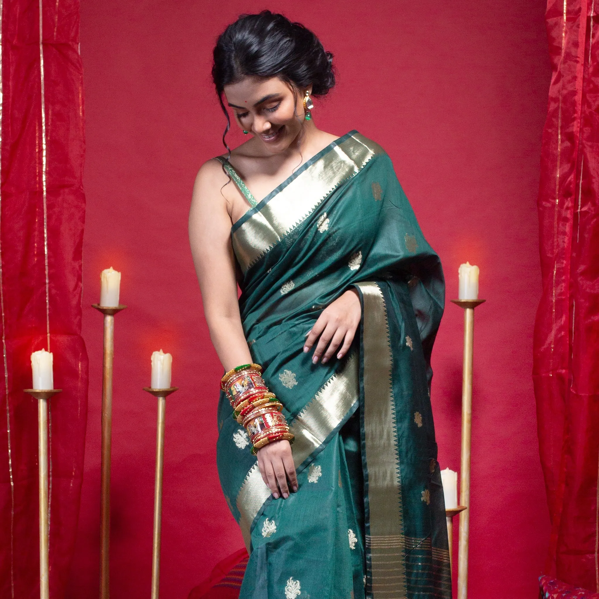 Women Banarasi Chanderi Silk Saree In Green Color With Blossom Zari Motifs And Border