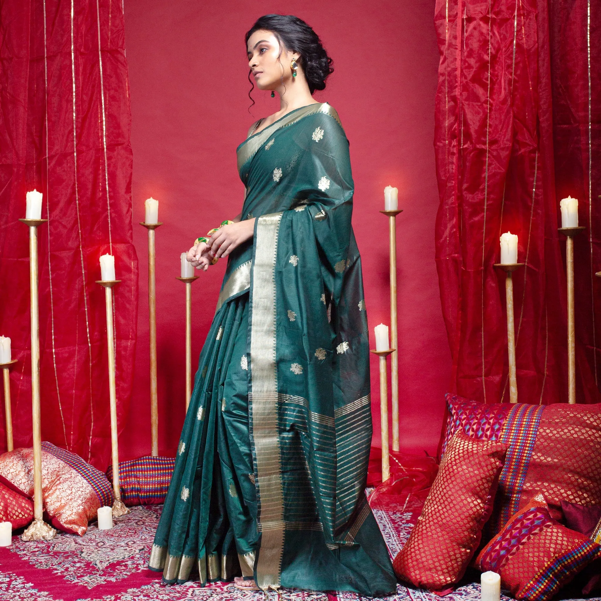 Women Banarasi Chanderi Silk Saree In Green Color With Blossom Zari Motifs And Border