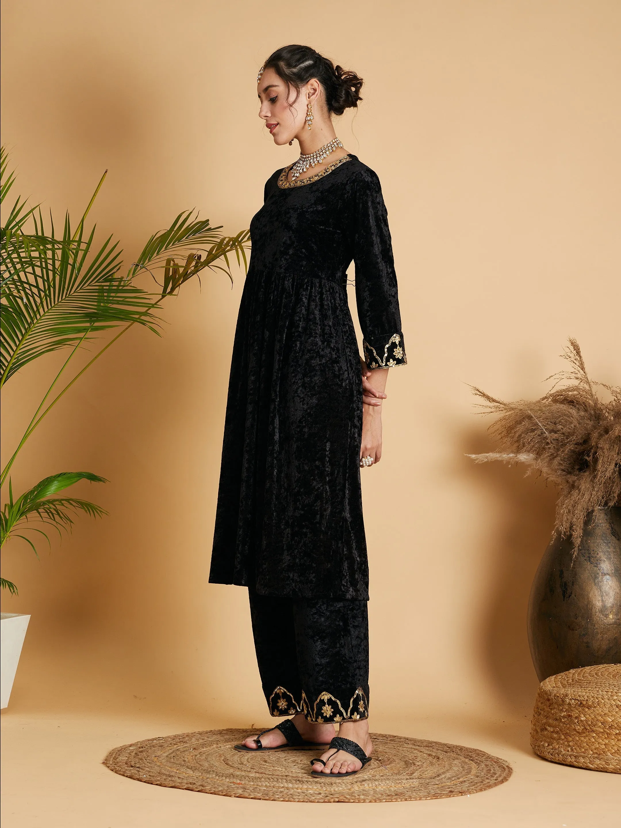 Women Black Velvet Embroidered Dress With Pants