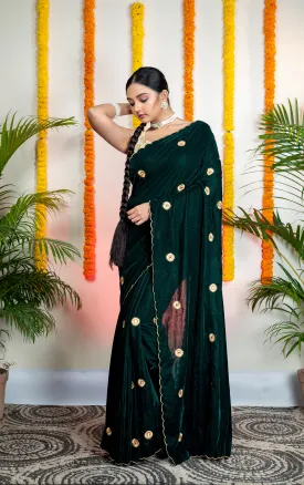 Women Dark Green Velvet Machine Embroidered Saree