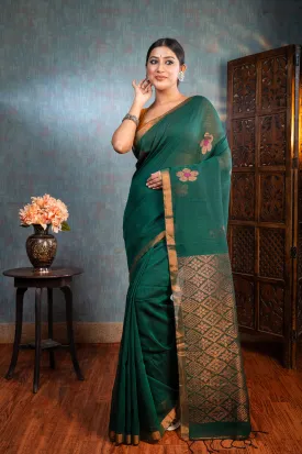 Women Green Pure Handloom Linen Saree With Floral Woven Motifs