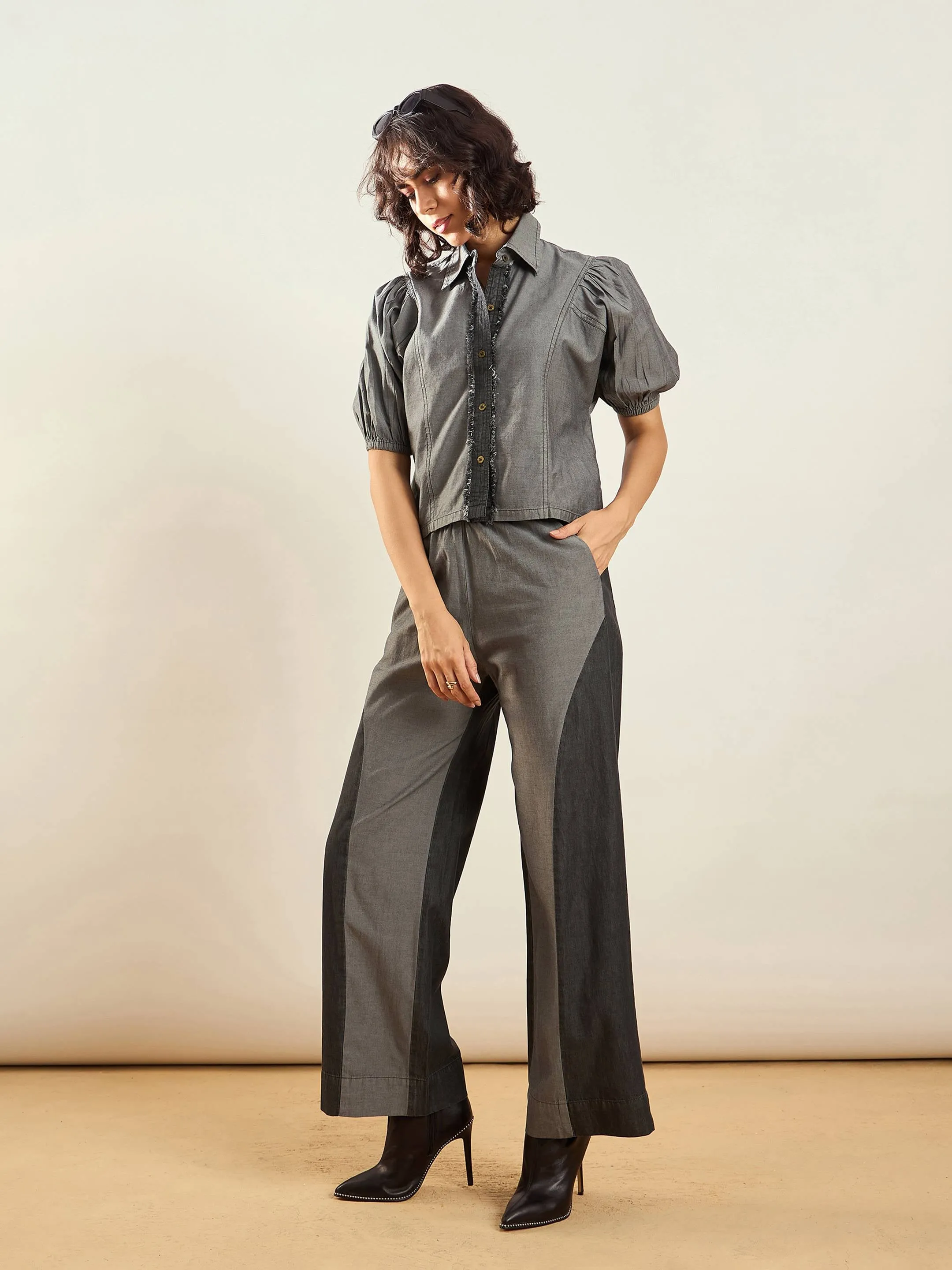 Women Grey Tencel Colorblock Shirt With Straight Pants