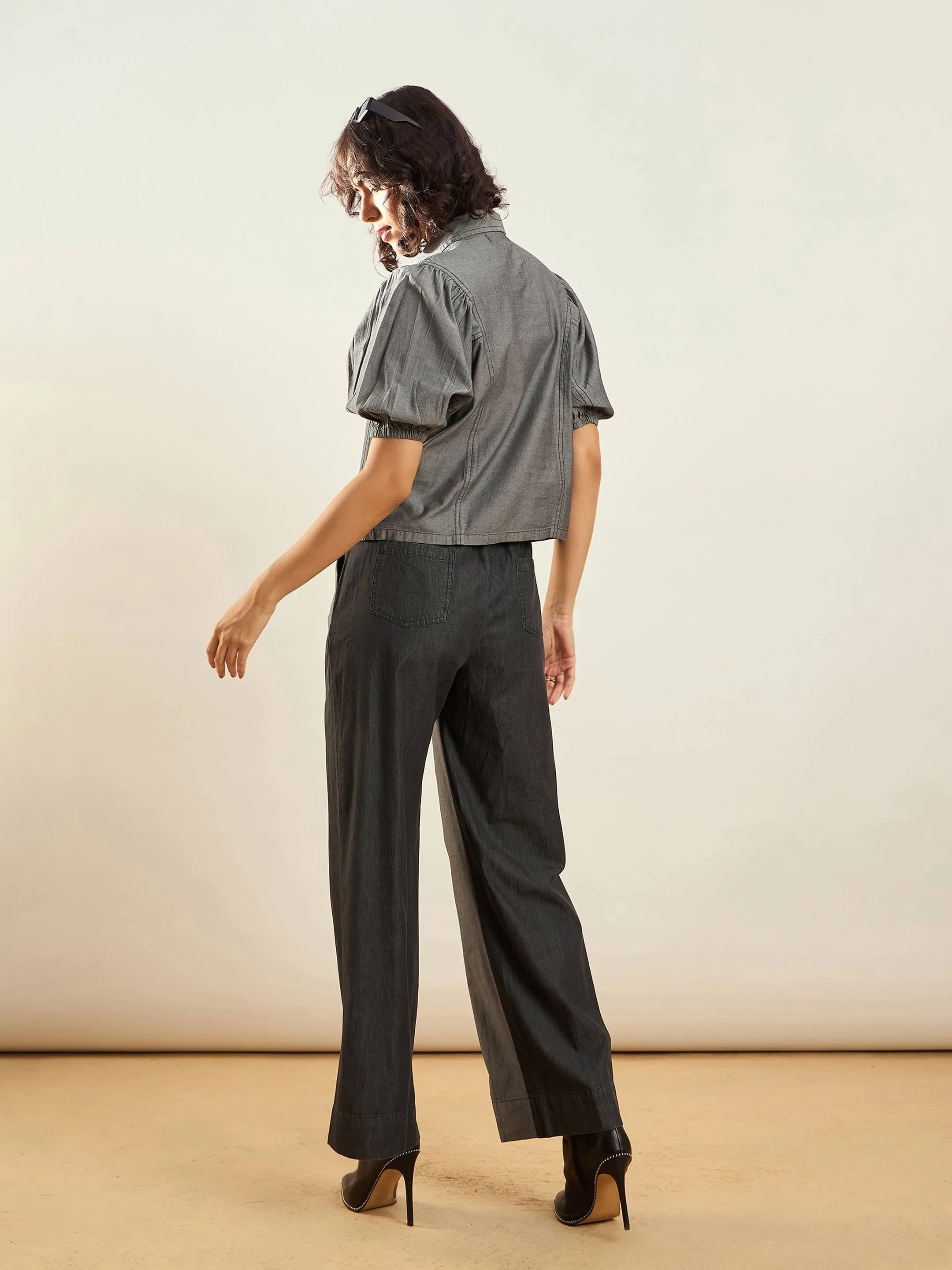 Women Grey Tencel Colorblock Shirt With Straight Pants