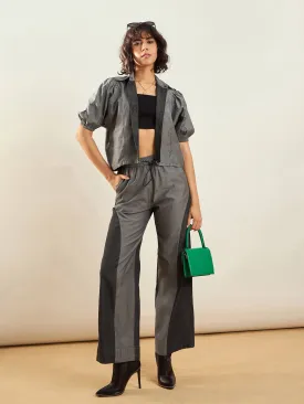 Women Grey Tencel Colorblock Shirt With Straight Pants