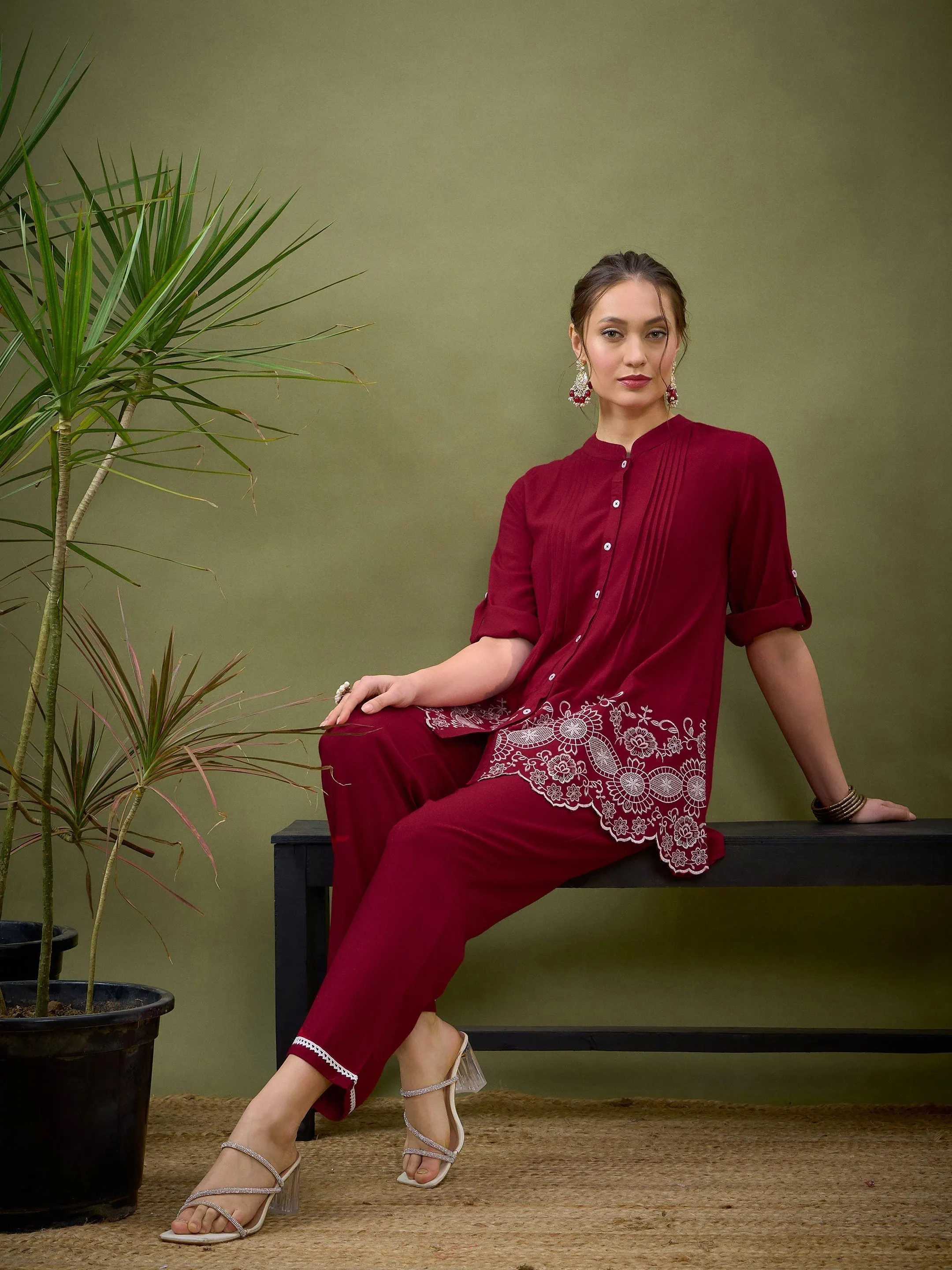 Women Maroon Hem Embroidered Shirt With Palazzos