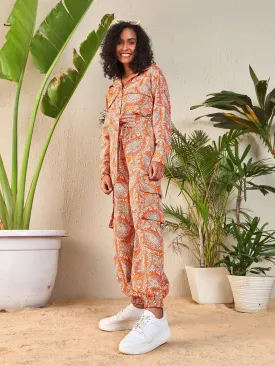 Women Orange Paisley Shirt With Jogger Pants