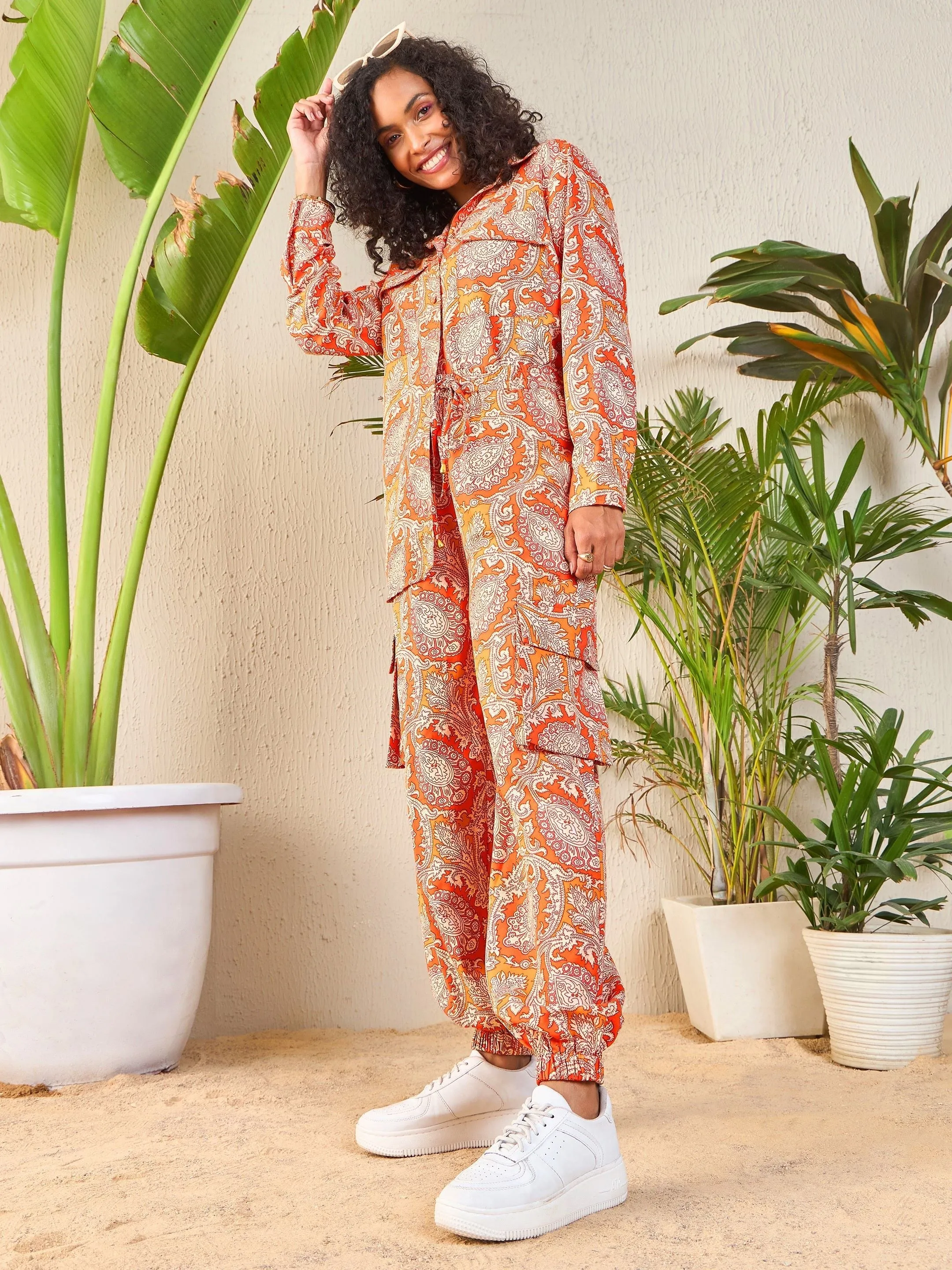 Women Orange Paisley Shirt With Jogger Pants