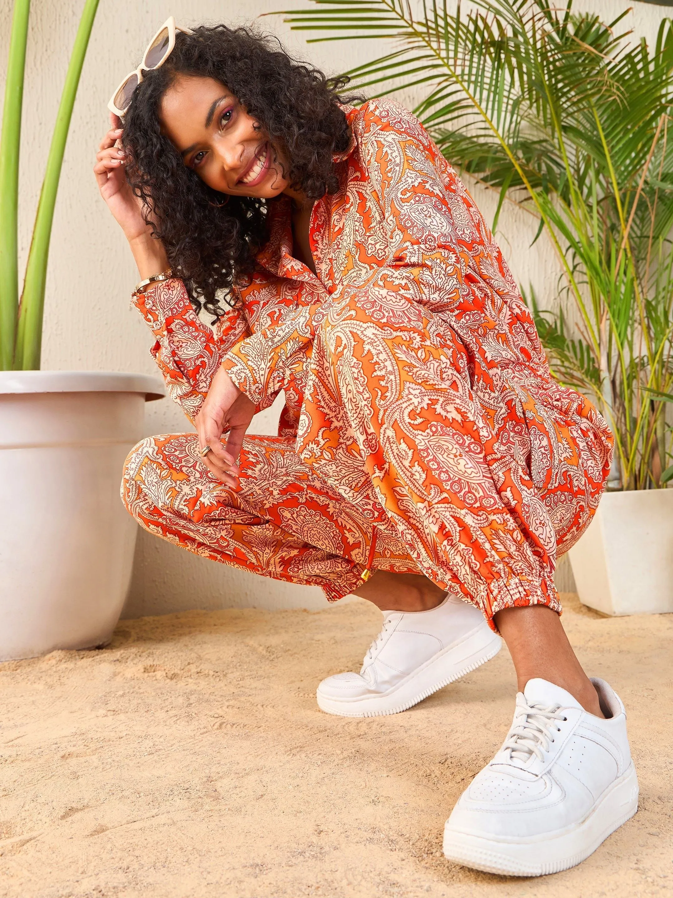 Women Orange Paisley Shirt With Jogger Pants