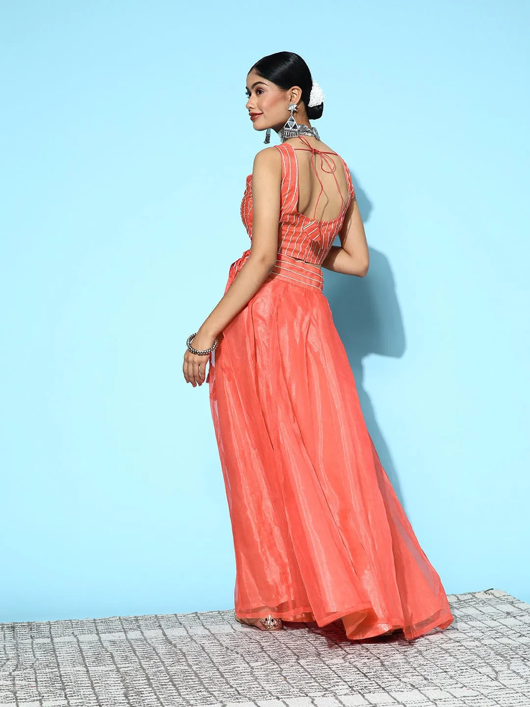 Women Rust Embroidered Crop Top With Anarkali Skirt